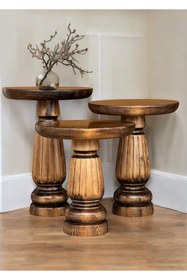 Resim AYLESA Doğal Ahşap 3’lü Set Mantar Yan Sehpa Modern Ceviz Renk Fiskos Zigon Çiçeklik 