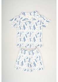 Resim Erkek Bebek Yaka Modelli Desenli Pamuk Şortlu Takım Mavi 