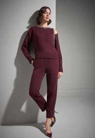 Resim Beli Kordonlu Cepli Bordo Triko Pantolon - Bordo / M 