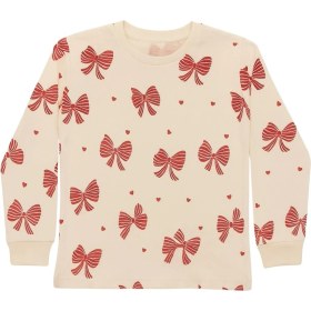 Resim Zuzunga Ekru Renk Kırmızı Fiyonk Baskılı Kız Çocuk Pijama Takımı 