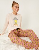 Resim Tweety Lisanslı Baskılı Desenli Uzun Kollu Pamuklu Pijama Seti 