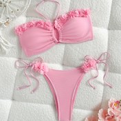 Resim Kadınların Kolsuz Bikini Seti, 3D Pembe Çiçek Deseni, Yüksek Esneklikli Polyester ve Kauçuk, İki Parçalı Mayo, Plaj Tatilleri İçin Mükemmel 