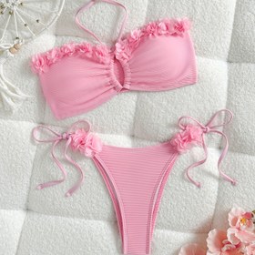 Resim Kadınların Kolsuz Bikini Seti, 3D Pembe Çiçek Deseni, Yüksek Esneklikli Polyester ve Kauçuk, İki Parçalı Mayo, Plaj Tatilleri İçin Mükemmel 