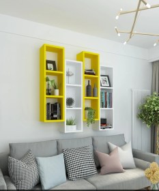 Resim Kitaplık Modern Ev Duvar Rafı Sarı Beyaz 4 Lü Takım Sarı-beyaz 
