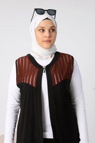 Resim Kadin Buyuk Beden Transparan Taşlı Uzun Yelek - Kahverengi / 4XL 