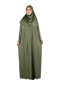 Resim Namaz Elbisesi Eşarp Seccade Tesbih Set, İslami Giyim Takım Ferace Turban Şal Haki 