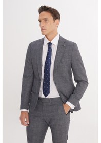 Resim AC&Co / Altınyıldız Classics Erkek Grı Mavı Ekstra Slim Fit Dar Kesim Mono Yaka Kareli Kapak Cepli Takım Elbise Grı Mavı 