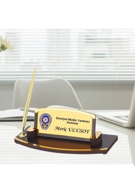 Resim Polislere Özel Tasarımlı Ahşap Kalemli Masa Üstü İsimlik Hediye Açık Gri - Füme 
