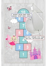 Resim Dijital Baskılı Dekoratif Kaymaz Taban Yıkanabilir Kız Çocuk Seksek Temalı Modern Çocuk Halısı Gri 