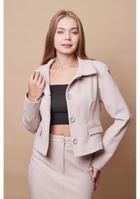 Resim Kadın Likralı Kaşe Kumaş Yakalı Cep Kapaklı Uzun Kol Düğmeli Kısa Blazer Ceket Kaban-şampanya Şampanya 