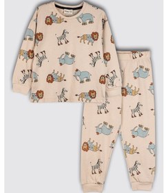 Resim Zuzunga Sevimli Animal Aslan-zebra-fil Desenli %100 Pamuk Interlok Çocuk Pijama Takımı Bej 