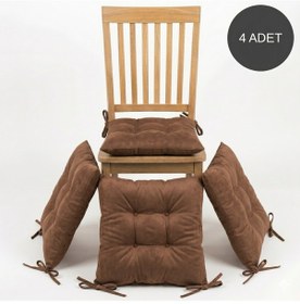 Resim 4 Adet - 40x40 Cm Lüks Süet Dokulu Kahverengi Sandalye Minderi - %100 Silikon Elyaf Dolgulu Yıkanabilir Minder 