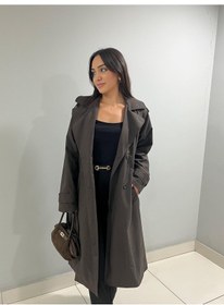 Resim Kadın Kemerli Uzun Trençkot Su Geçirmez, Astarlı, Oversize Model Bej 
