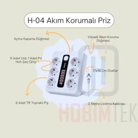 Resim Şarj Istasyonu Girişli Hızlı C Pd 1 Type 5 USB Çoklu Priz Uzatma Kablosu 2 Metre Lı Priz Amper 6 3000W 10 Akım Korumalı Termal Yeni 