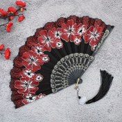 Resim Kadınlar için Geleneksel Çin Tarzı Katlanır Yelpaze - Lacivert & Beyaz Çiçekli Kiraz Çiçeği Deseni, Yaz Dansı, Açık Hava Etkinlikleri ve Kültürel Performanslar İçin Taşınabilir Hafif Plastik Yelpaze 