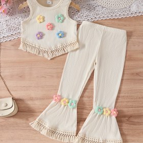Resim 2 adet Kızlar için Yazlık Rahat 3D Çiçek Baskılı Kolsuz Üst ve Pantolon Takımı - Polyester, Yuvarlak Yaka, Fringe Detay, Kemer Yok, Hafif ve Nefes Alabilir, Bahar/Yaz için Rahat Kıyafet|Çiçek Baskılı Üst|Polyester Kumaş 