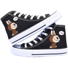 Resim MECH BUTİK Labubu Baskılı Siyah Unisex Kadın/Erkek Bilekli Keten Ayakkabı Sneaker 