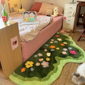 Resim 1000g+10mm Peluş Sahte Koyun Derisi Halı - Yumuşak, Kaymaz, Düzensiz Şekil ile Canlı Yeşil Ot ve Renkli Çiçekler, Makinede Yıkanabilir, Yatak Odası ve Oturma Odası Dekoru için Mükemmel, Rahat Ev Aksesuarı, Yatak Odası Dekoru | Çiçek Deseni | Peluş Dokulu, Oturma Odası Halıları, Yatak Odası Halısı, Oda Halısı, Yeşil Halı, Ot Halısı, Oturma Odası Halıları, Oturma Odası Halıları 