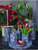 Resim MIARIK DESIGN & DEKORASYON Dekoratif Koyu Gri Mermer Gümüş Mercan Detaylı 7 Li Banyo Seti Takımı 