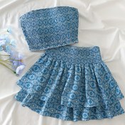 Resim Kadınlar için Omuzdan Askılı Üst ve Kısa Etek Takımı, Geometrik Desen Baskısı, Polyester %95 Spandeks %5, Tüm Mevsimler İçin Dokuma Moda İki Parça Kıyafet, Şirin Detaylı 