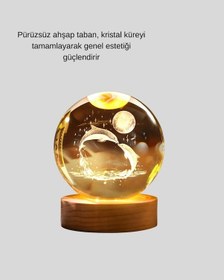 Resim Lazer İşlemeli Yunus Kristal Küre Sıcak Işıklı Ahşap Standlı 
