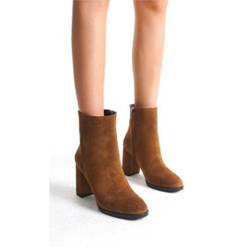 Resim Mubiano Hakiki Deri Collection Kadın Fermuarlı Yuvarlak Burun Kalın Topuklu Kısa Süet Bot Taba - Mcalm4221 - Tb Taba 