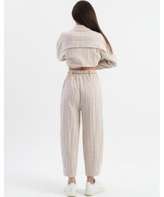 Resim Yüksek Bel Hasır Kemerli Cepli Keten Şalvar Pantolon - Bej-bej Bej 