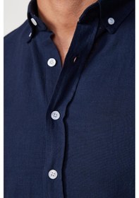 Resim Tudors Erkek Slim Fit Dar Kesim %100 Pamuk Keten Doku Düğmeli Yaka Lacivert Gömlek-26905 