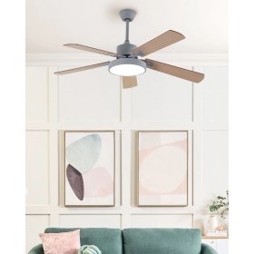Resim Açık Gri LED Işıklı Tavan Vantilatörü – Uzaktan Kumandalı, Zamanlayıcılı, Ahşap Görünümlü Kanatlı 