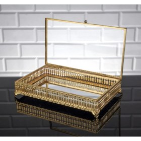 Resim Inci Dikdörtgen Orta Boy Sunumluk Cam Kapaklı Takı ve Çikolata Kutusu 