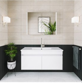 Resim Banos Al3 Lavabolu Beyaz 100 Cm Aynalı Banyo Dolabı Takımı Beyaz 