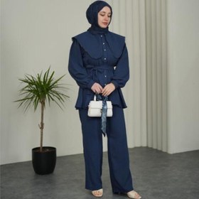 Resim Neşeli Butik kadın lacivert geniş kesim yaka detaylı kuşaklı ikili tesettür takım NBVQ3148 