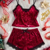 Resim Noel Şık Zıt Dantelli Kadife Pijama Takımı, V Yaka Askılı Üst ve Elastik Bel Bağlı Şort, Kadın Sonbahar/Kışlık Uyku ve Ev Giysileri 