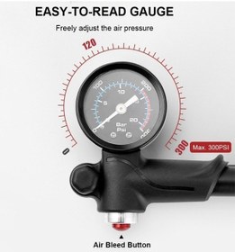 Resim Didadodo Basınç Ölçerli Bisiklet Şok Pompası 300psı Yüksek Kapasiteli Hava Pompası Bisiklet Ve Arka Süspansiyon İçin Siyah Siyah 