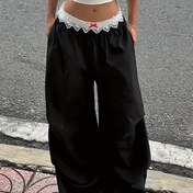 Resim Sassygals Amerikan Sokak Stili Dantelli Nakışlı Kadın Rahat Pantolon, Düşük Belli, Bol Kesimli, Şık ve Geniş Paça. 