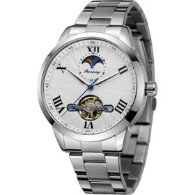 Resim Hanyang Gümüş Forsınıng Erkek ve Kadın Saatleri Volan Roma Ölçekli Mekanik Saat Dairesel Çelik Kayış Saat Gümüş ve Siyah Saat (Yurt Dışından) 