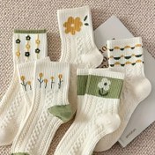 Resim Floral Knit Dizaltı Çorapları 5 Çift - Solunabilir Konforlu Pamuk Karışımı Kadın Dizaltı Çorapları Sanatsal Desen ile - Her Gün Tarz için Moda Temel, El Yıkama veya Kuru Temizleme - %80 Pamuk, %20 Polyester 