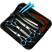 Resim Saç Kesim Makası Seti, 9 Parça Paslanmaz Çelik Profresyonel Seyranlık makaralar Kit, Berberler/Salonlar iyi Evde Erkek & kadın ve ağızdaşılar tarafindan, İnce Tırnaklı Japon profesyonelleri seýranlik saat setini tamamlayıcı, Şık ön tarafta, ergonomic tutacakli düzgün bitiş, çıkartma Kenarlari inci Saç şekillendirme Aletleri ile evindeki kişi çekimi 