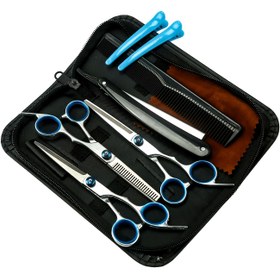 Resim Saç Kesim Makası Seti, 9 Parça Paslanmaz Çelik Profresyonel Seyranlık makaralar Kit, Berberler/Salonlar iyi Evde Erkek & kadın ve ağızdaşılar tarafindan, İnce Tırnaklı Japon profesyonelleri seýranlik saat setini tamamlayıcı, Şık ön tarafta, ergonomic tutacakli düzgün bitiş, çıkartma Kenarlari inci Saç şekillendirme Aletleri ile evindeki kişi çekimi 