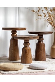 Resim AYLESA Doğal Ahşap 3’lü Set Mantar Yan Sehpa Modern Ceviz Renk Fiskos Zigon Çiçeklik 