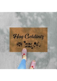 Resim Hoş Geldiniz Yazılır Temalı Kedili Dekoratif Dış Kapı Önü Ve Iç Mekan Paspası Yıkanabilir Toz Alıcı Çok Renkli 