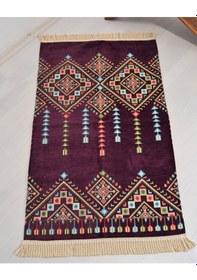 Resim Hediyelik Seccade Tesbih Seti Kilim Desenli Kadife Astarlı Seccade, Kristal Tesbih Ve Özel Kutulu Lüks Hediye Seti Mor 