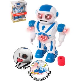 Resim Giffy Oyuncak Disk Atan Robot Pilli Işıklı ve Müzikli 25 cm Dev Robot Eğlenceli Etkileşimli Sesli ve Hareketli Robot (Siyah-Mavi) 