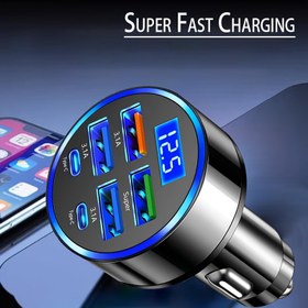 Resim 6'sı 1 arada Hızlı Şarj Araba Telefon Şarj Cihazı LED Ekranlı - QC3.0 Çift PD USB Adaptörü, Dişi Erkek Bağlantı Elemanı, Evrensel Uyum, Araba Fiş Güç Modu, ≤36V Çalışma Voltajı 