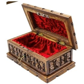 Resim Ahşap Oyma İşlemeli Kilitli Sandık Kutu 24 cm 
