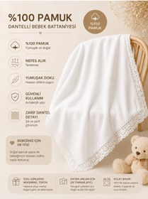 Resim MİNİMAY Dantel Detaylı %100 Pamuk Bebek Battaniyesi - Yenidoğan Battaniye 
