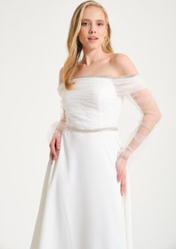 Resim bontesel Beyaz Midi Boy Tül Ve Taş Detaylı Nişan Söz Nikah Dış Çekim Elbisesi 