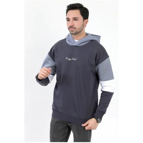 Resim Erkek Kapüşonlu Sweatshirt Füme 3 İplik Şardonlu Baskılı Garnili Ribanalı Hoodie - 5299 Füme 