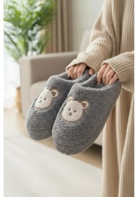 Resim Ft 103 Panda Nakışlı Kadın Ev Terliği Peluş Terlik Çeyiz Ve Bohça Terliği Ses Yapmaz Kalın Taban Füme 