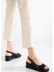 Resim Kadın Dolgu Topuklu Ayakkabı Siyah Yan Kapalı Burun Açık-4092 Siyah 